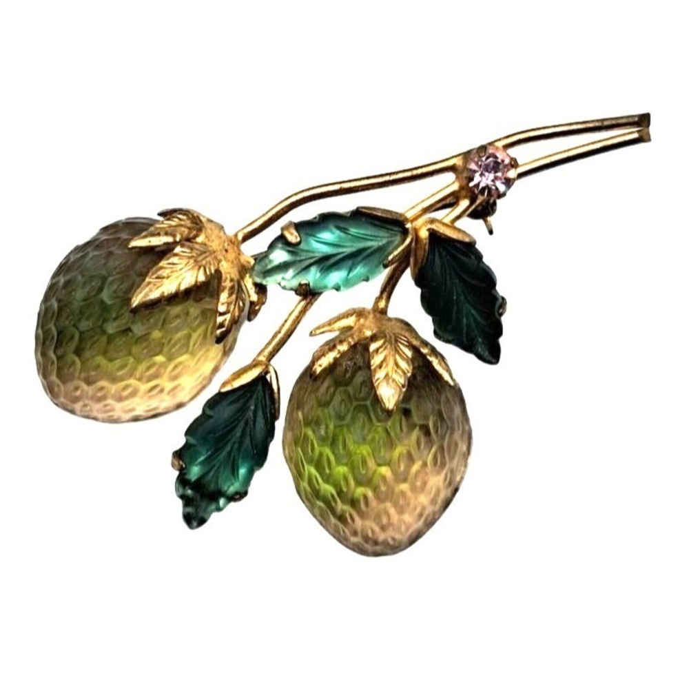 Vintage Austria Fruit Brooch Green Glass Leaves Blush Green Berries Pink Rhinest